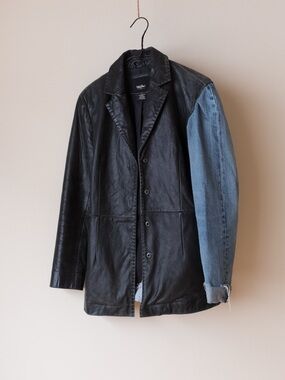 Mossimo Supply Co. Black Leather Jacket with Blue Denim Sleeve